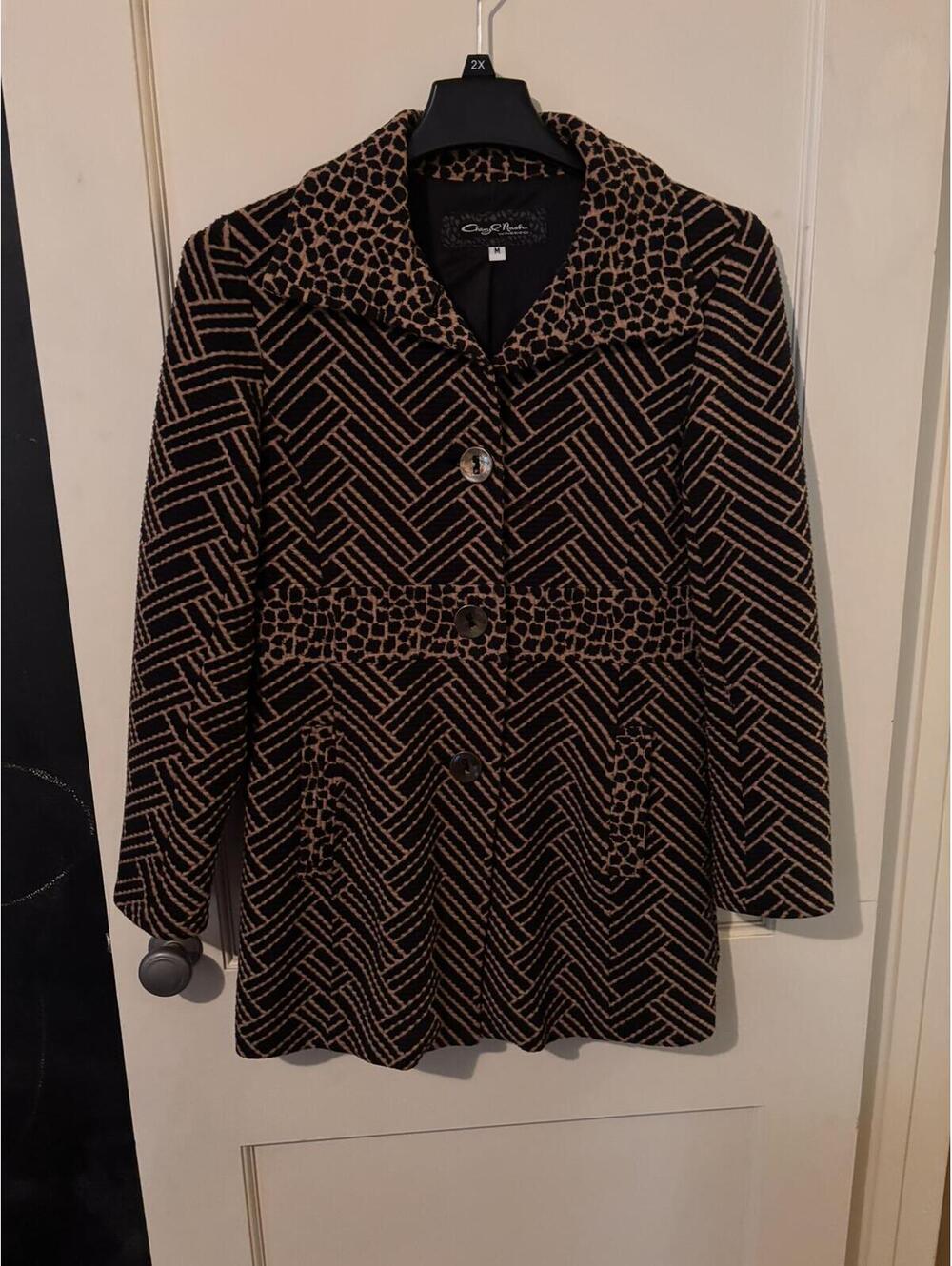 Cheryl Nash Windridge Black & Tan Geometric Print Coat Size M